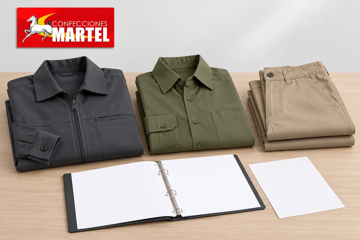 Casaca grafito, camisa oliva y pantalón arena doblados junto a carpeta y hoja sin datos