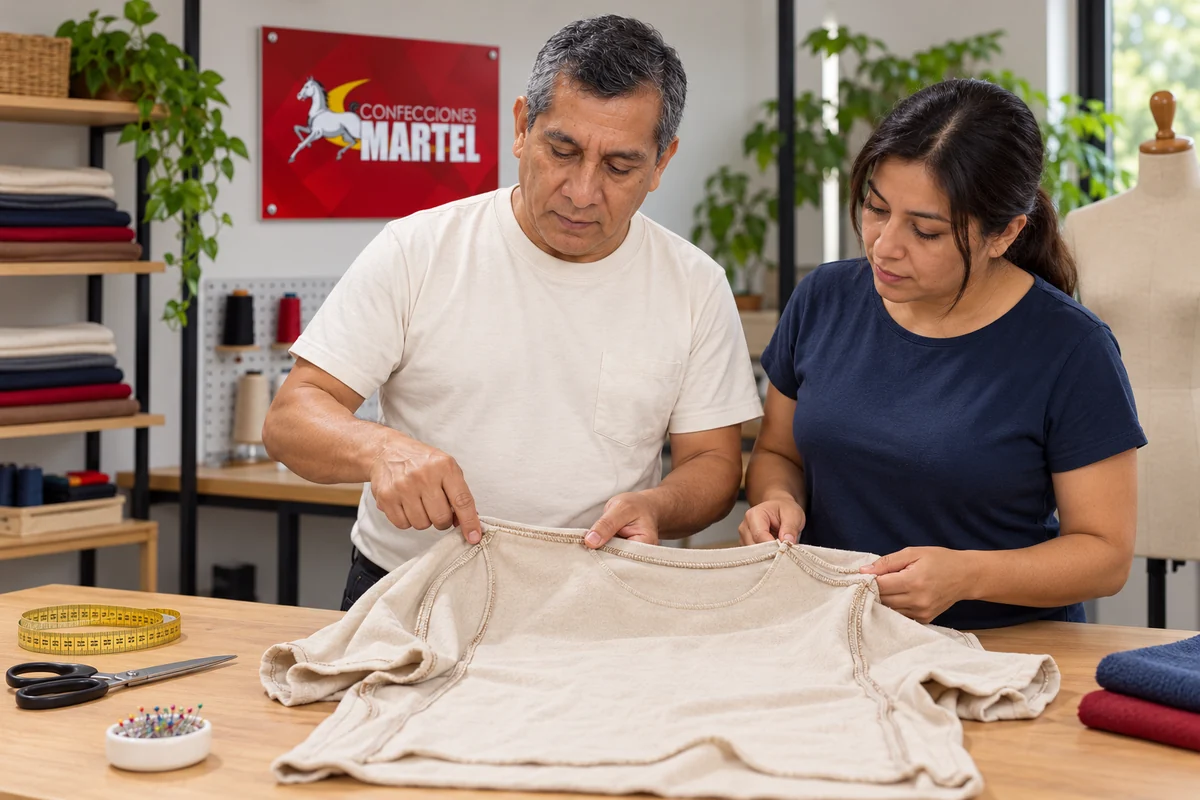Personaje guía de Martel: mostrar prenda de práctica al revés sobre mesa