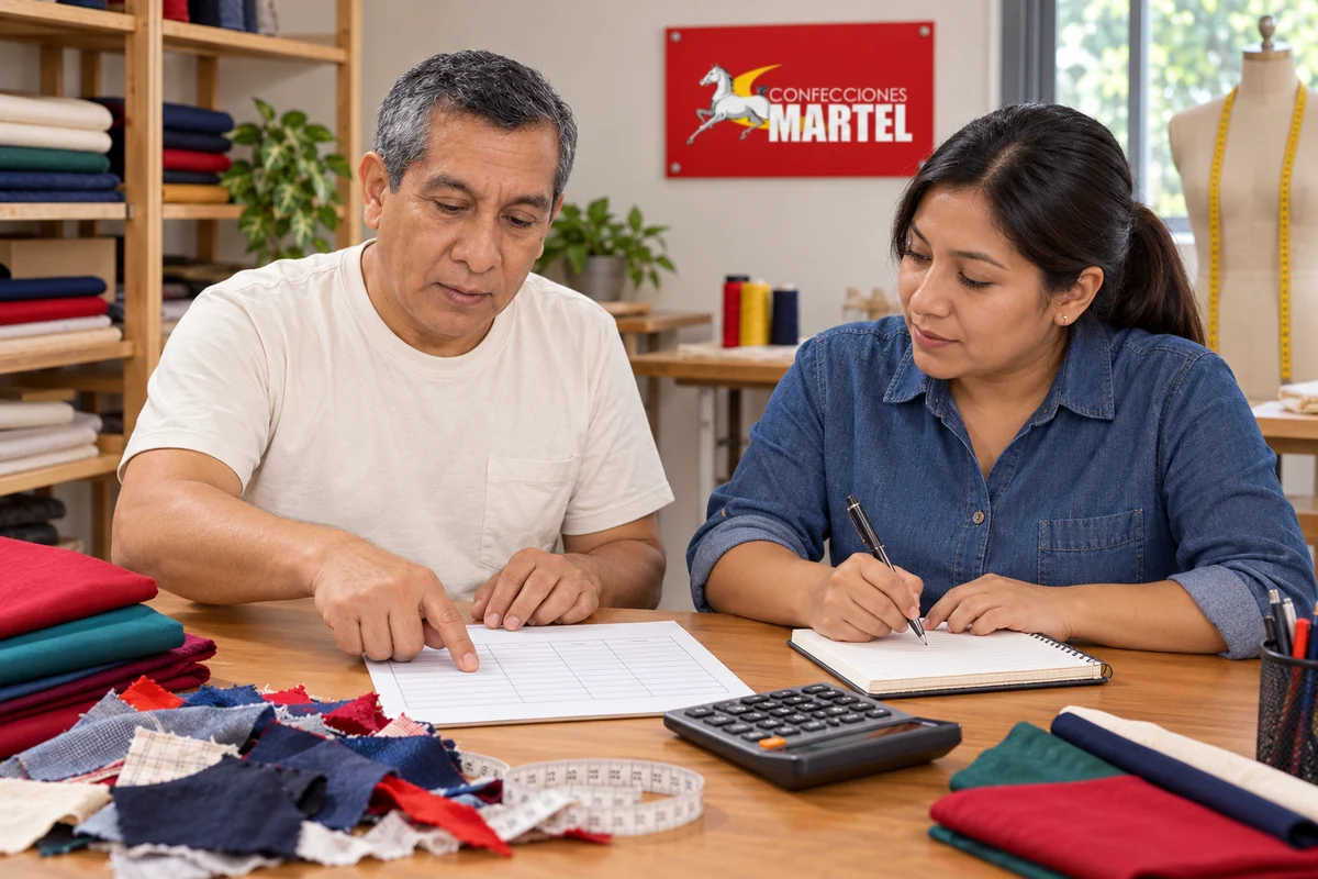 Personaje guía de Martel: revisar hoja de costos con retales y calculadora