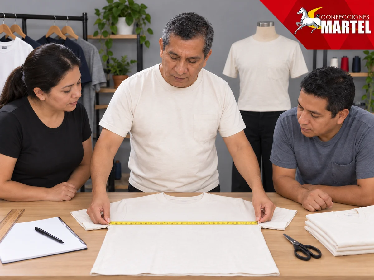 Personaje guía de Martel: medir ancho de camiseta extendida sobre mesa