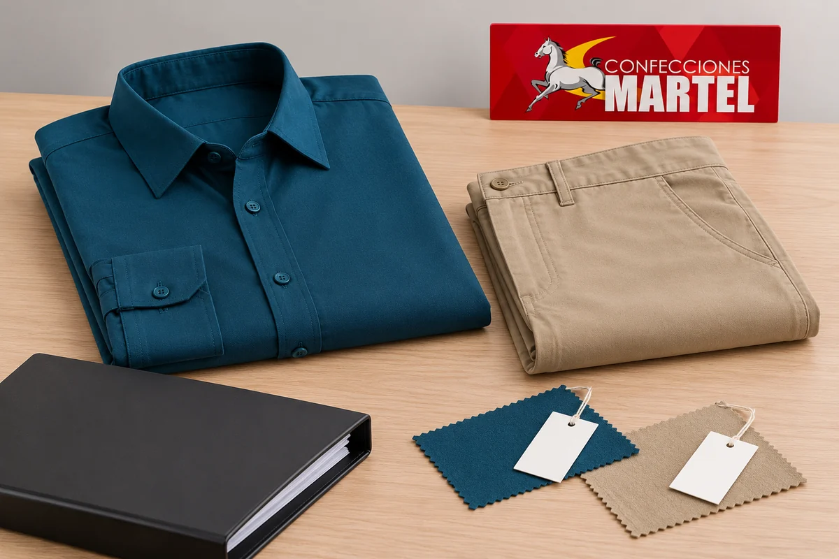 Camisa petróleo y pantalón beige doblados junto a carpeta cerrada y retales etiquetados sin texto