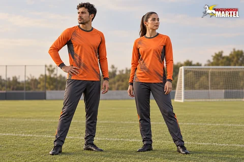 Dos adultos con camisetas naranjas de manga larga y pantalones grafito en cancha.