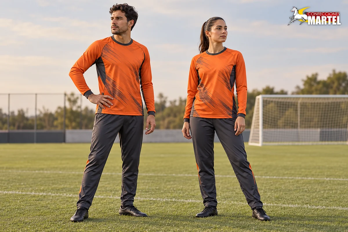 Dos adultos con camisetas naranjas de manga larga y pantalones grafito en cancha.