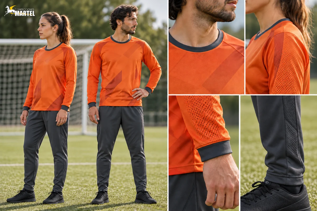 Dos adultos con conjunto naranja y grafito y ampliaciones de cuello, manga, puño y bajo de pantalón.
