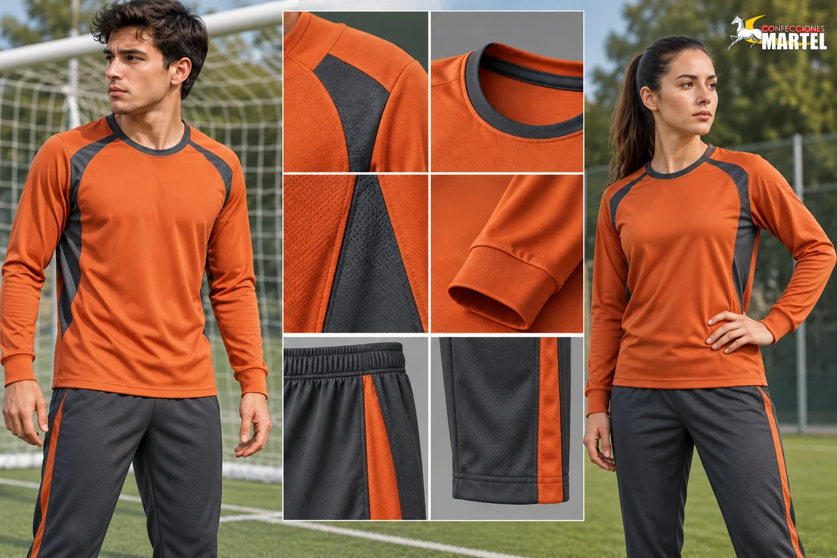 Modelos adultos con camisetas naranjas y pantalones grafito junto a detalles de paneles y terminaciones.