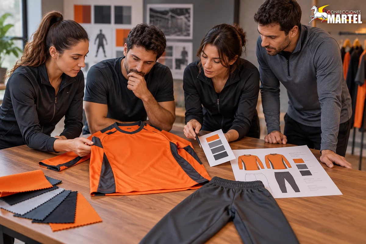 Cuatro adultos revisan camiseta naranja, pantalón grafito, dibujos y muestras en mesa.