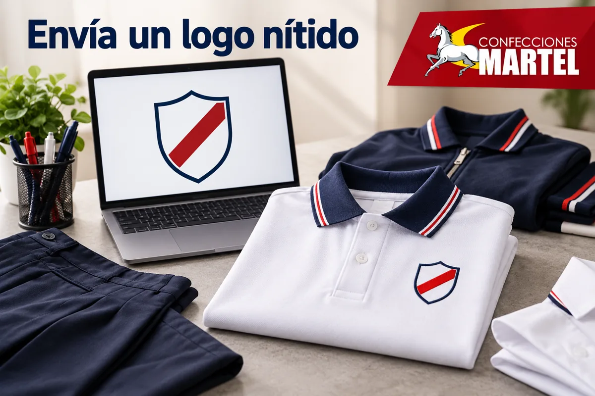 Computadora con escudo ficticio nítido junto a polo personalizado de ejemplo