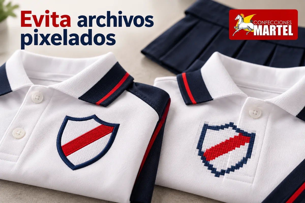 Escudo ficticio nítido y versión pixelada comparados sobre dos polos