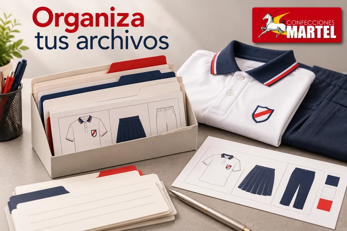 Carpeta de archivos representada por tarjetas junto a referencia impresa ficticia