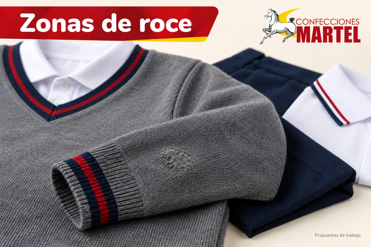 Chompa gris con pequeña zona de roce en manga, sin exageración