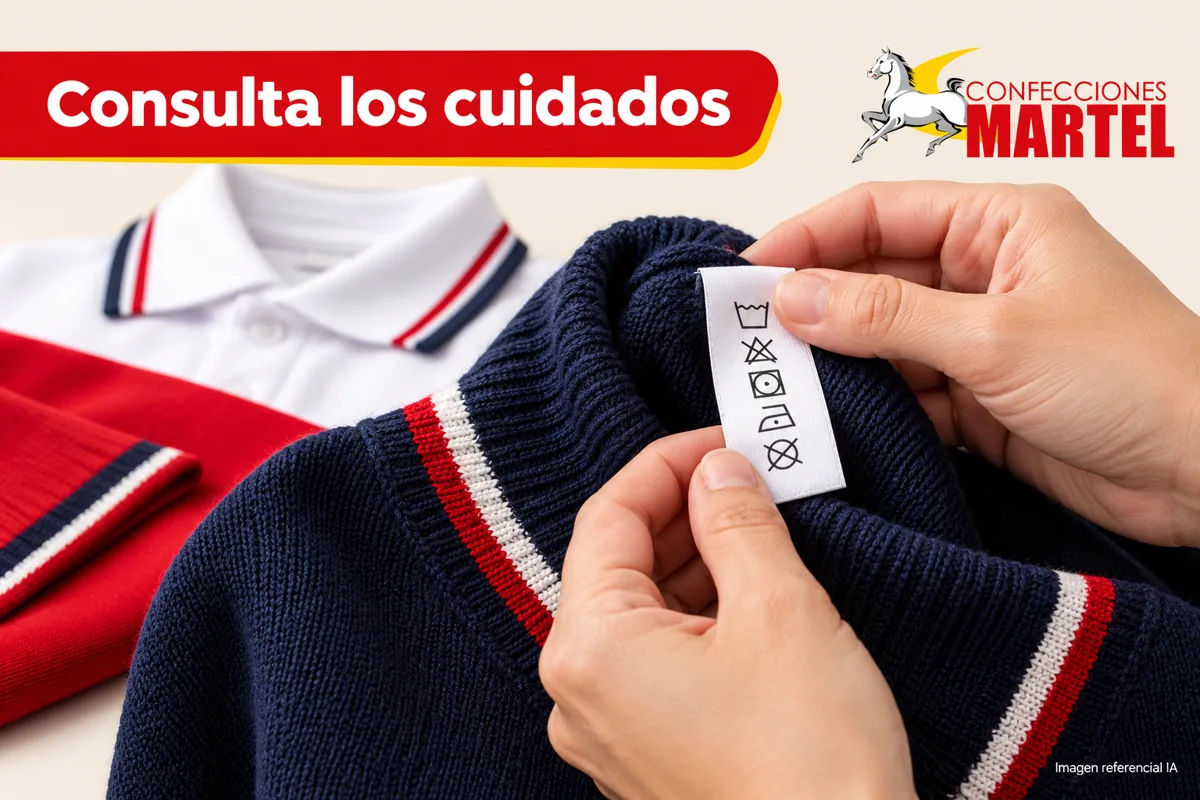 Manos adultas revisando etiqueta de chompa cerca de tejido