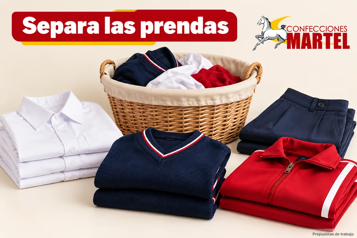 Prendas separadas con cuidados distintos junto a cesta, sin herramientas cortantes