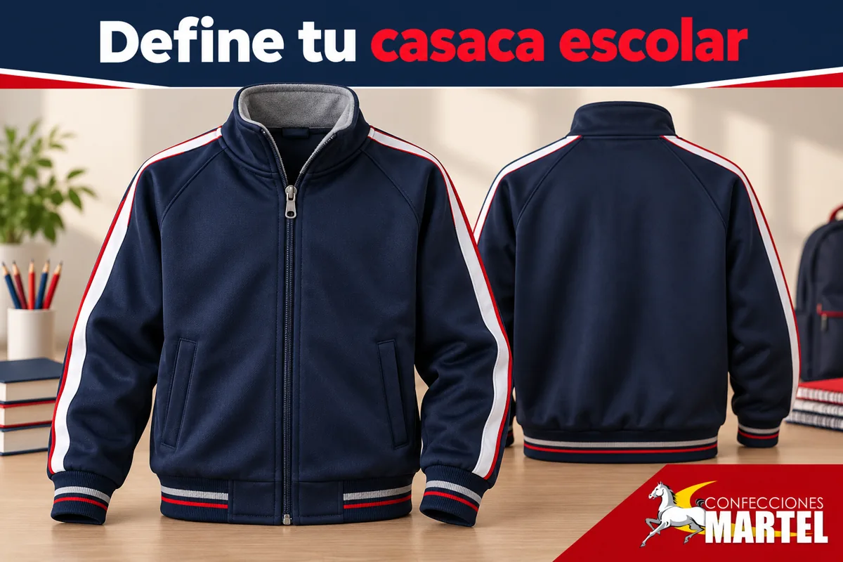 Casaca escolar marino frontal y posterior sobre fondo claro