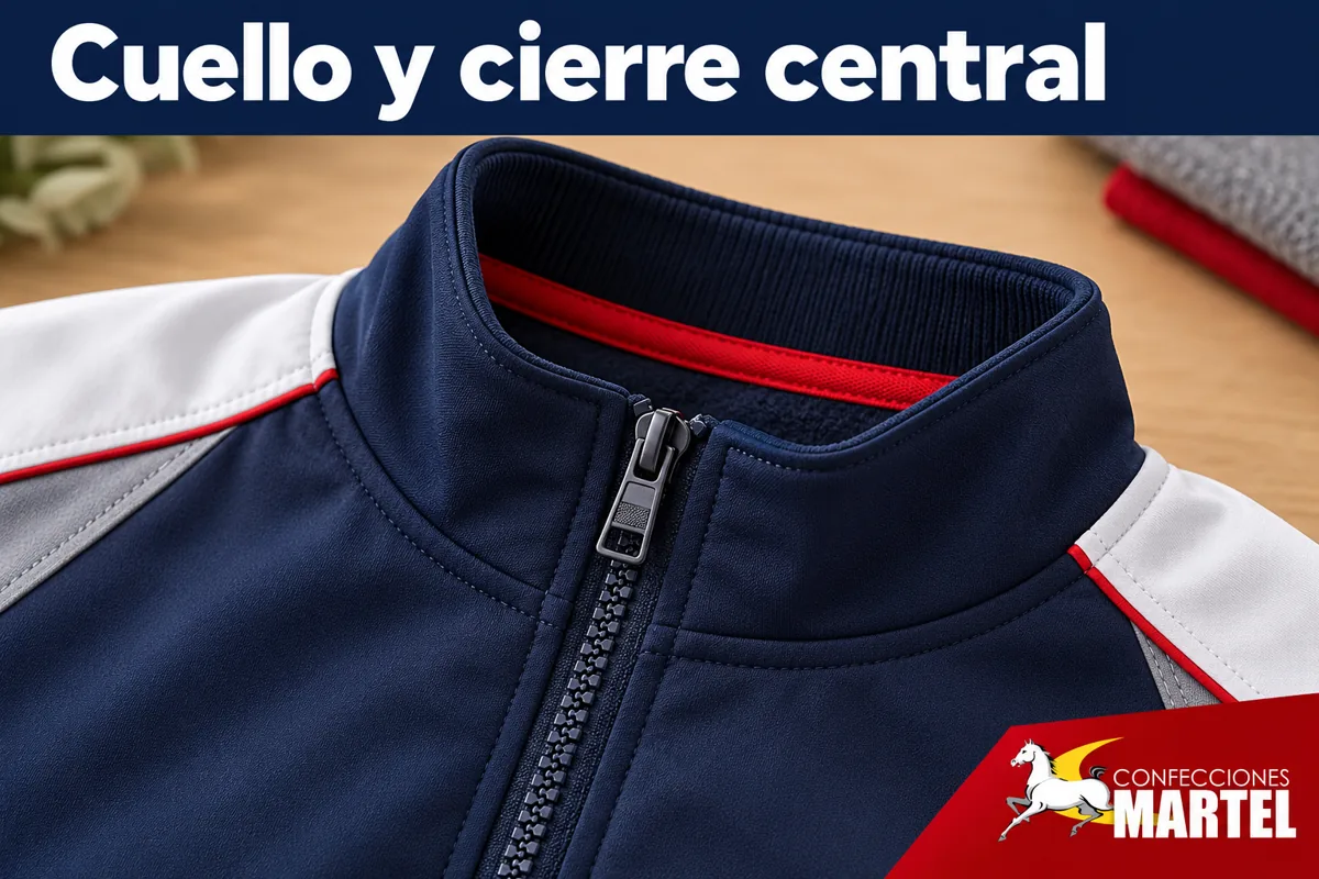 Detalle de cierre central y cuello de casaca sin marca