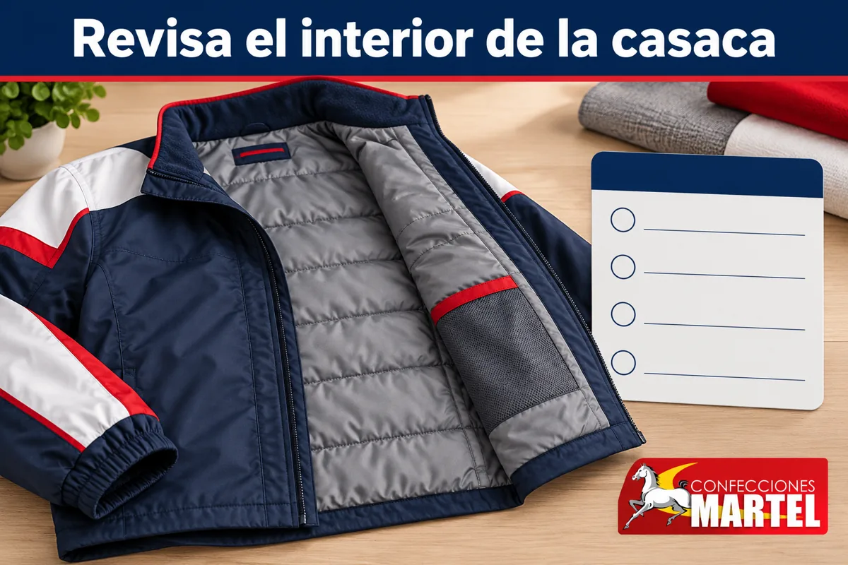 Casaca abierta mostrando interior referencial, junto a ficha vacía