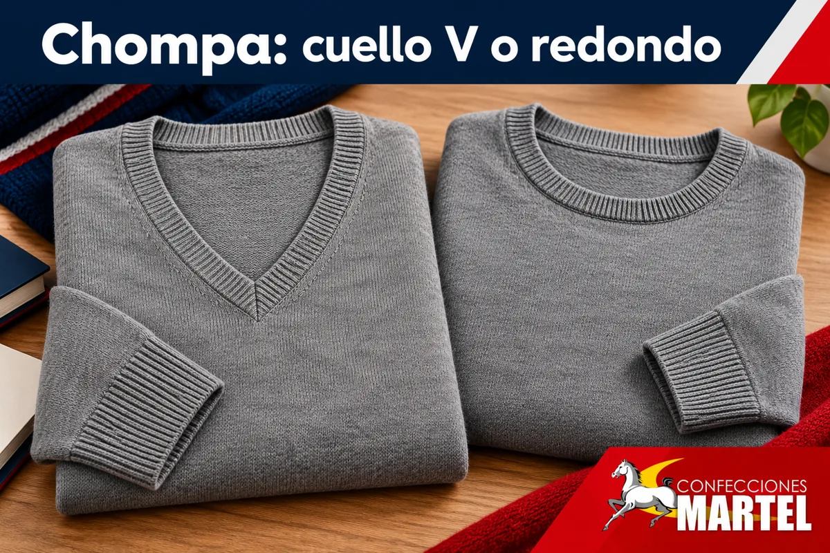 Dos chompas grises, cuello V y cuello redondo, lado a lado