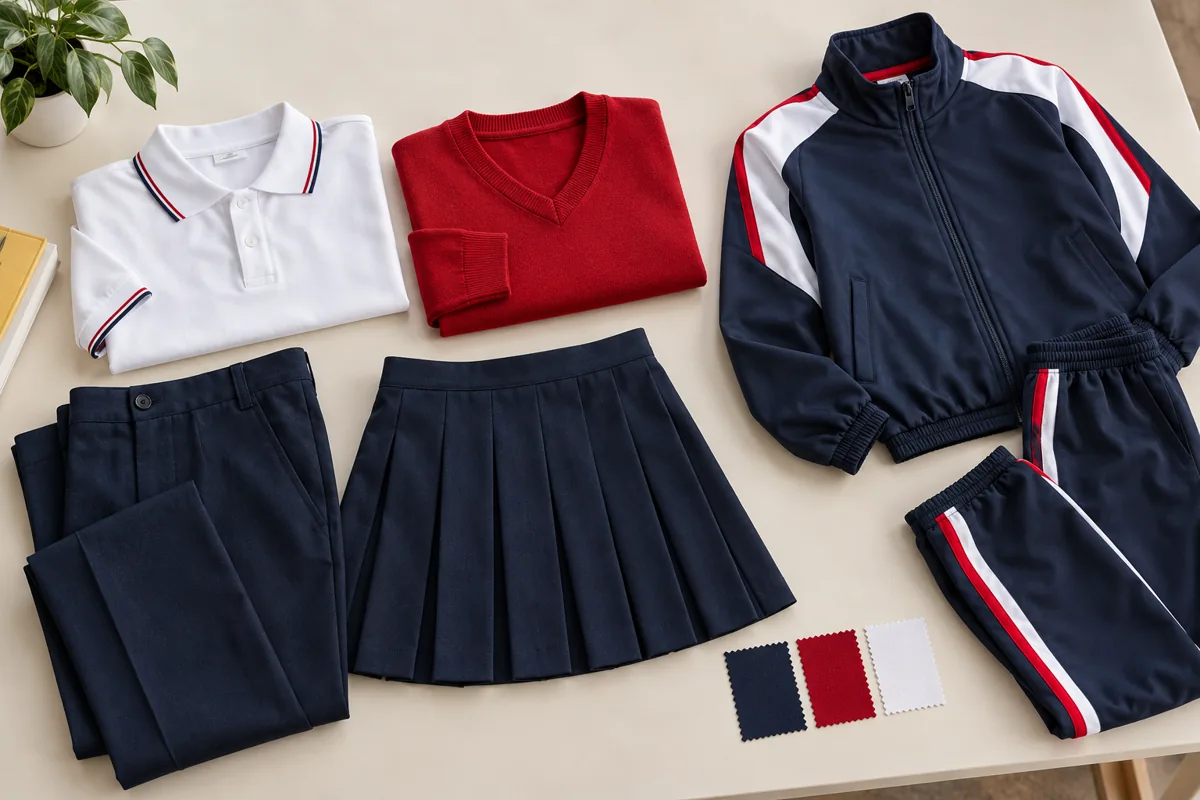 Muestras de tela junto a un polo y una chompa escolares