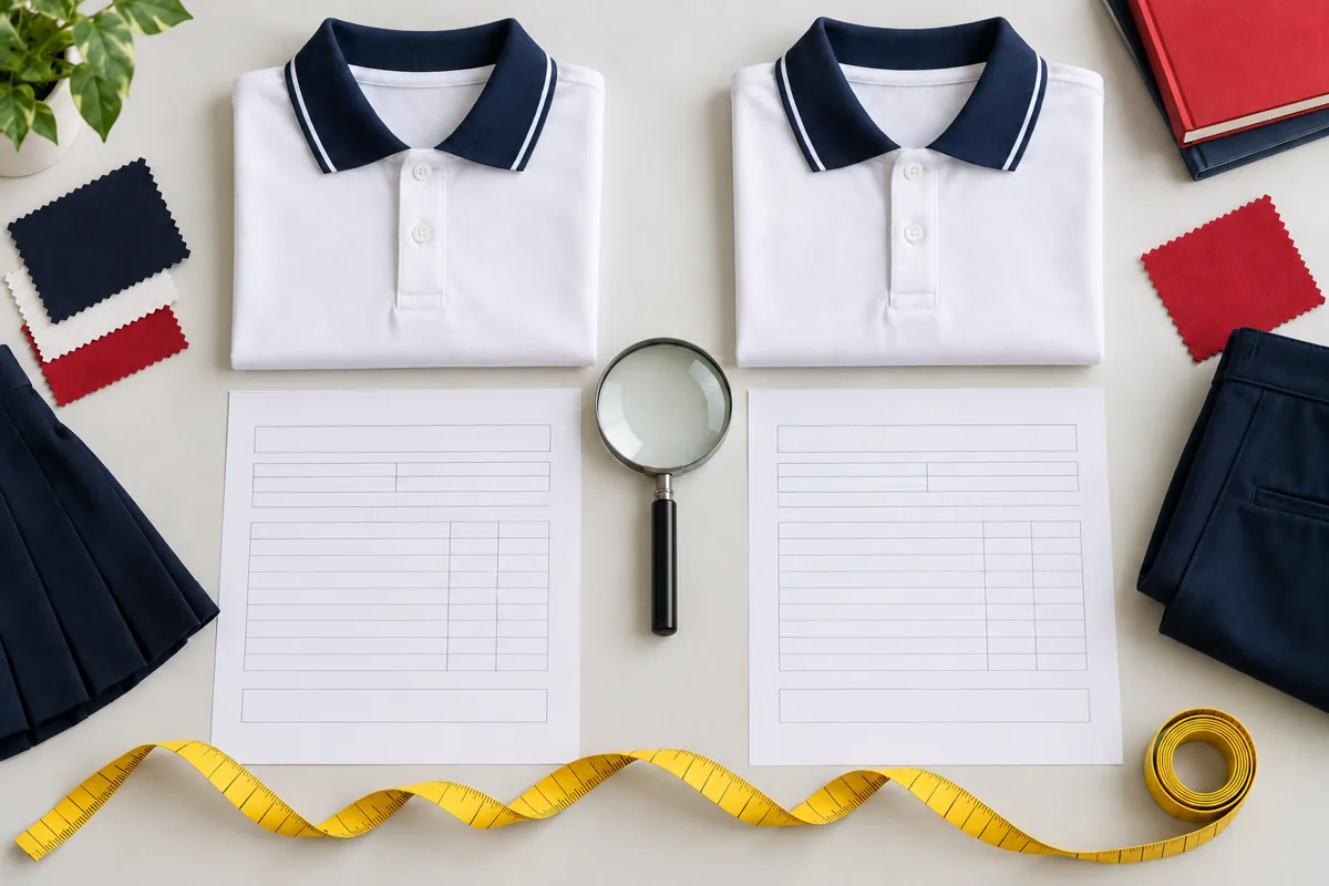 Revisión de dos propuestas de uniformes junto a muestras de tela y prendas de referencia.
