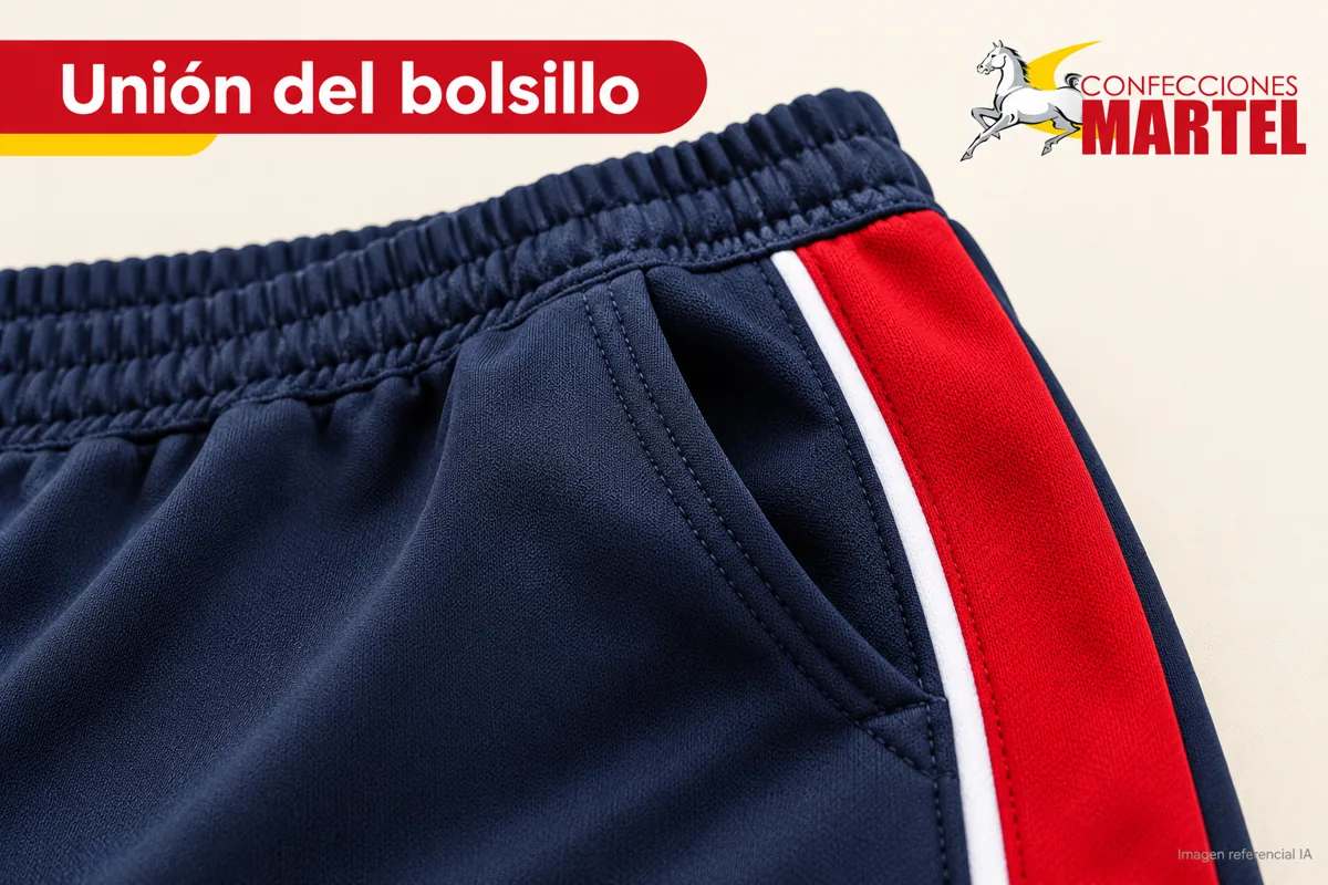 Detalle de unión de bolsillo y remate en pantalón deportivo