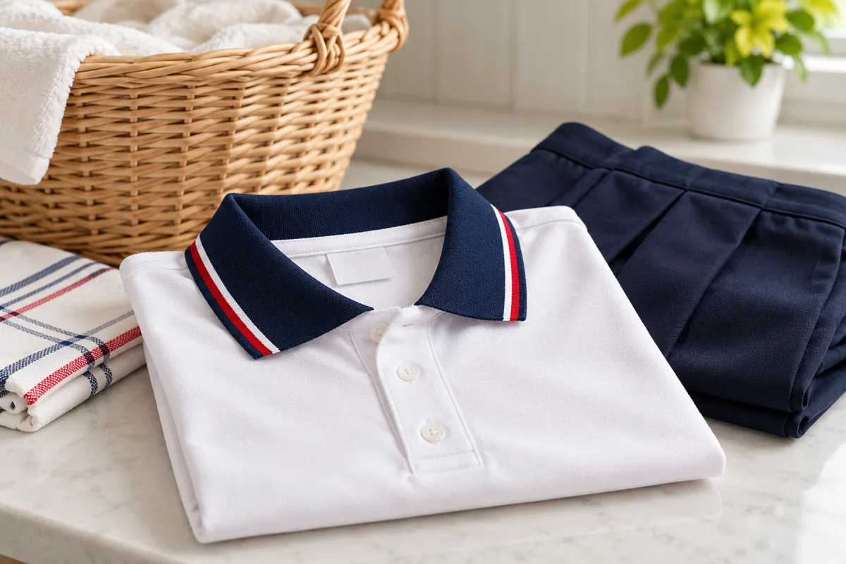 Polo blanco doblado con etiqueta, pantalón azul marino y cesta de ropa; imagen generada de referencia