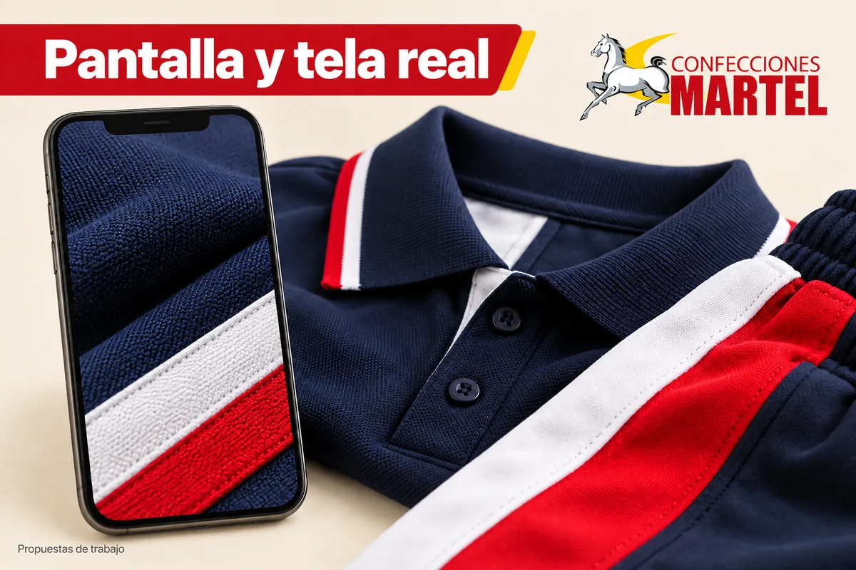 Fotografía de tela en teléfono genérico junto a tela real, sin marca