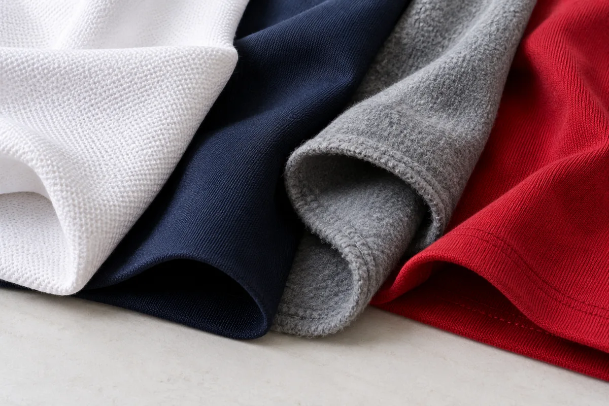 Muestras textiles azul marino, blanco, gris y rojo con distintas texturas; imagen generada de referencia