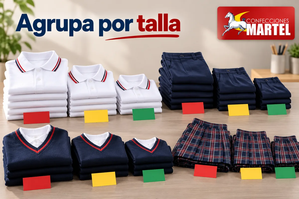 Mesa con prendas agrupadas por tallas y tarjetas de colores sin letras