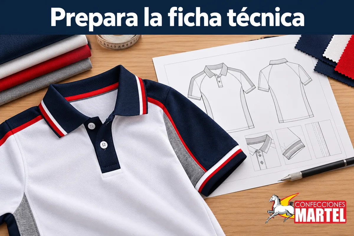 Mesa de diseño con polo y ficha técnica de líneas sin palabras