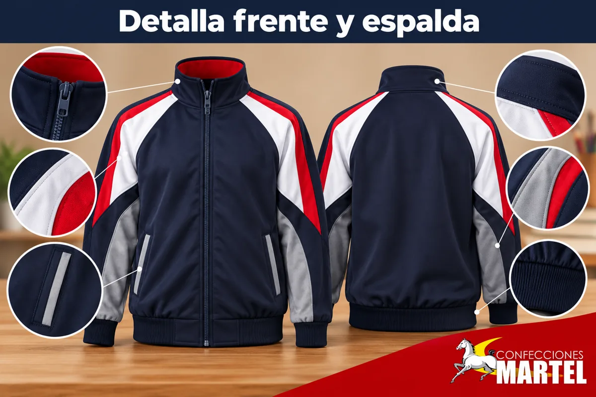 Vista frontal y posterior de casaca junto a pequeños detalles ampliados sin texto