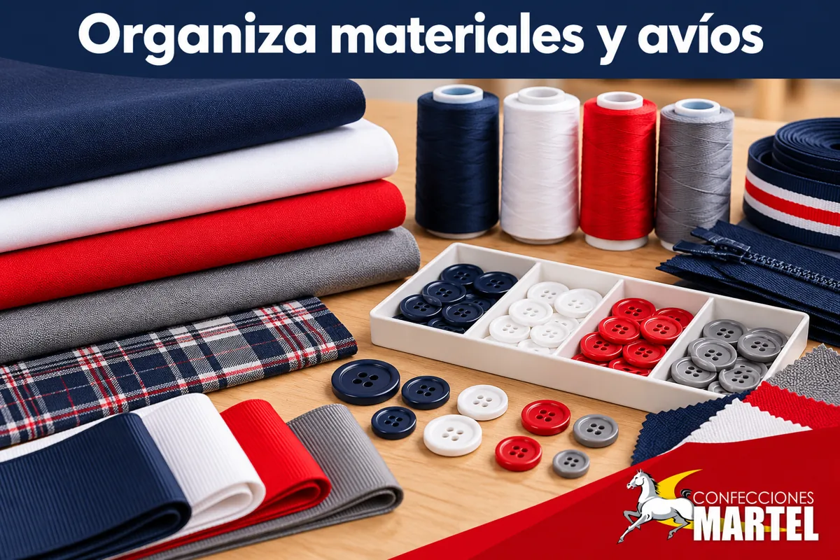 Muestras de material, botones e hilo organizados por componente