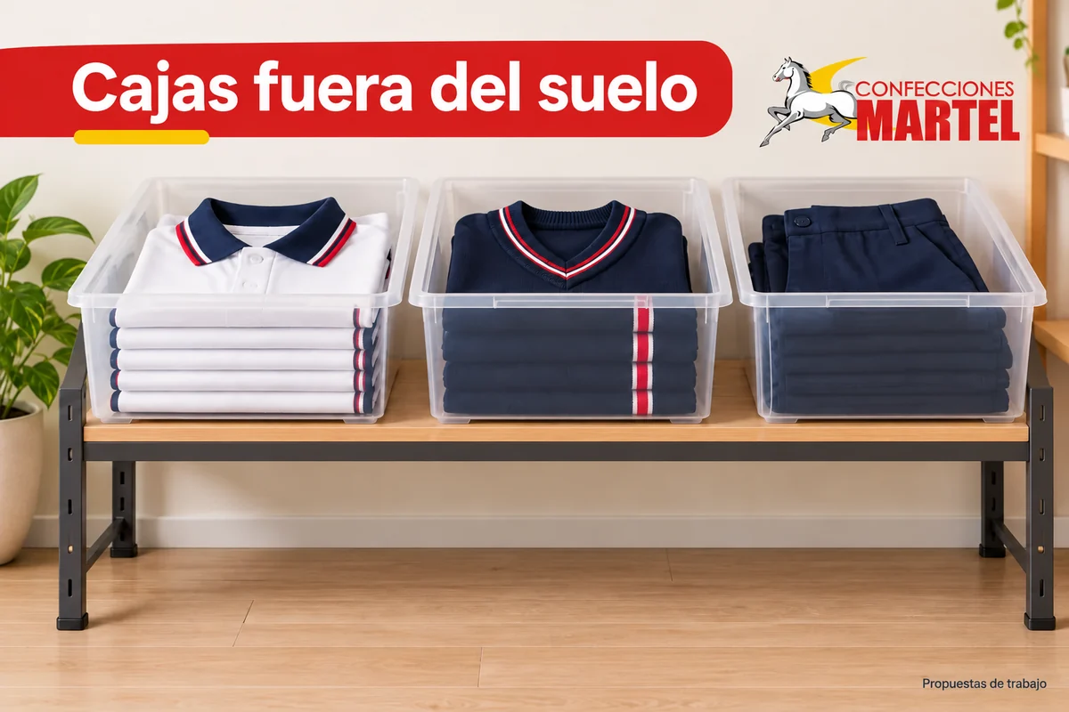 Cajas con uniformes sobre una repisa elevada, separadas del suelo