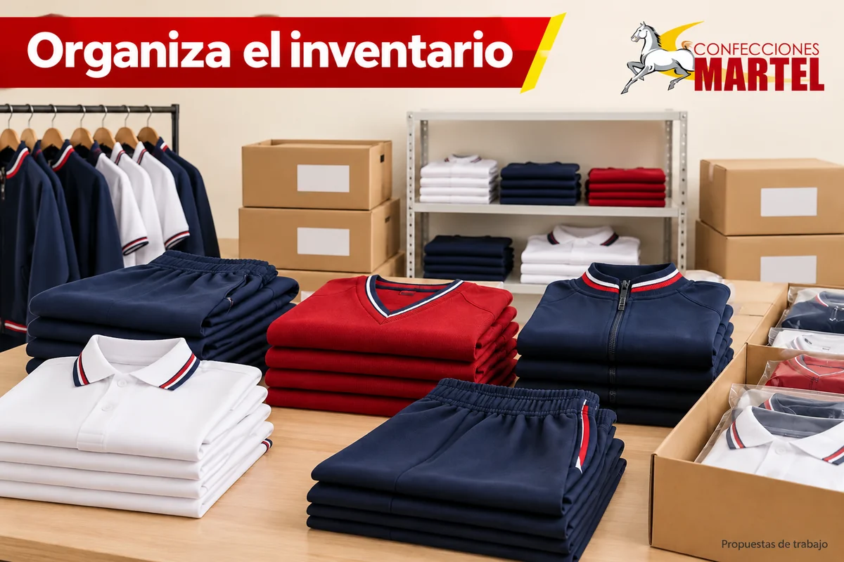 Uniformes doblados y paquetes organizados sobre una mesa y estantes