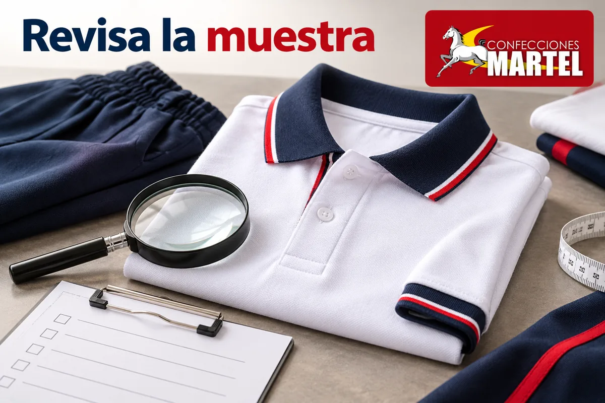 Polo de muestra único sobre mesa con lupa y ficha de revisión vacía