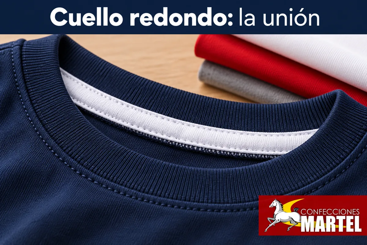 Detalle macro de cuello redondo y costura de unión limpia