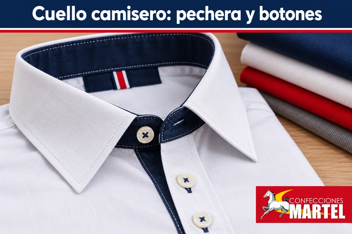 Detalle de cuello camisero con pechera y botones neutros