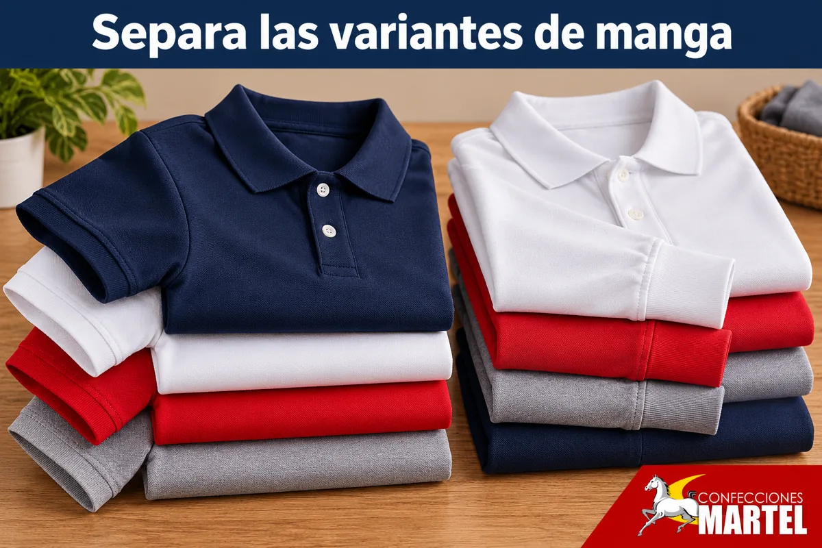 Lote de polos separado por dos variantes de manga en mesa