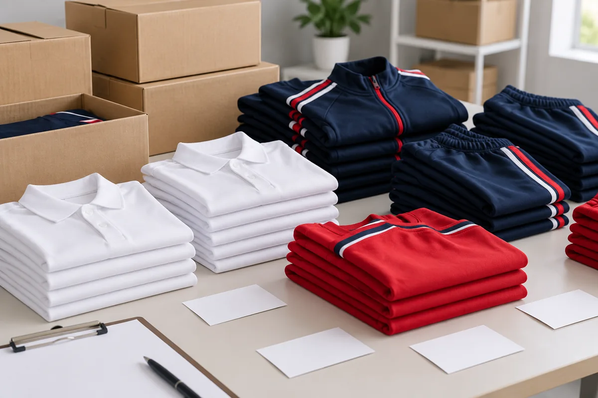 Prendas escolares agrupadas por modelo junto a cajas y hojas en blanco; imagen generada de referencia