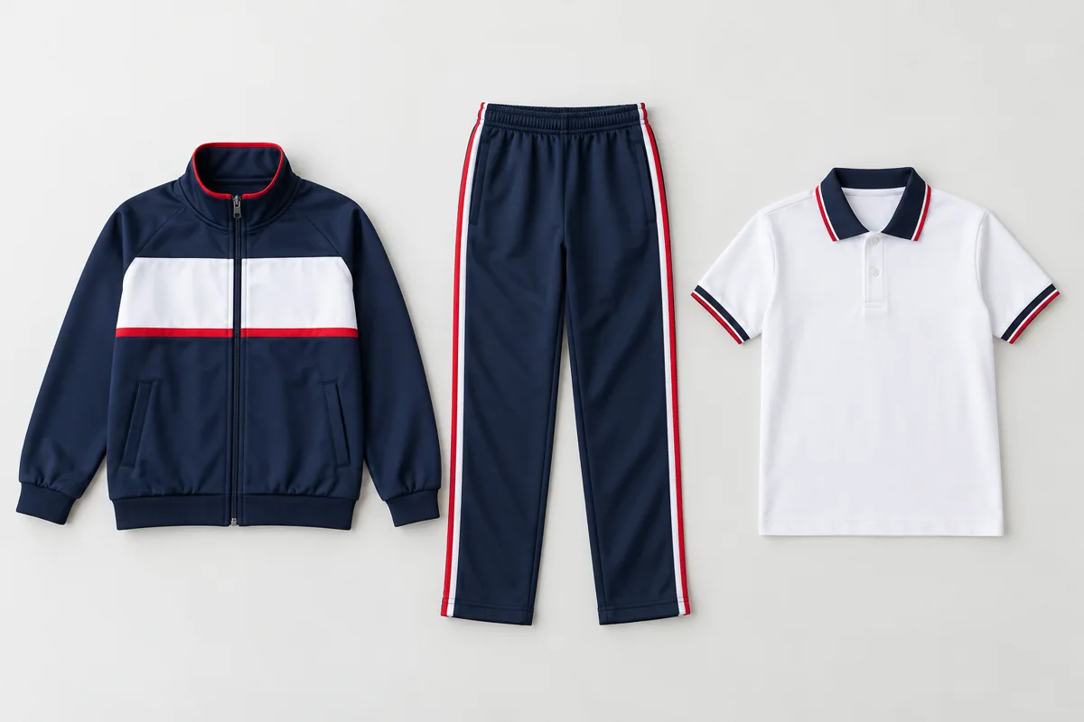 Casaca, pantalón deportivo y polo separados para identificar las prendas del conjunto escolar.