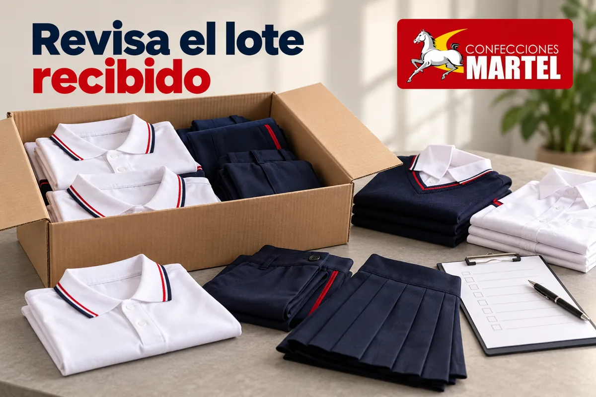 Caja abierta con uniformes y mesa despejada de revisión