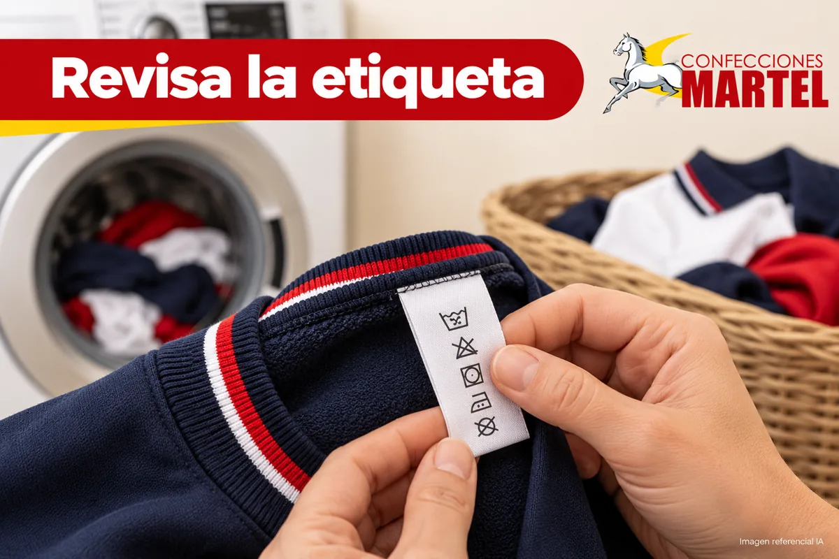 Lavadora al fondo y primer plano de etiqueta revisada por adulto