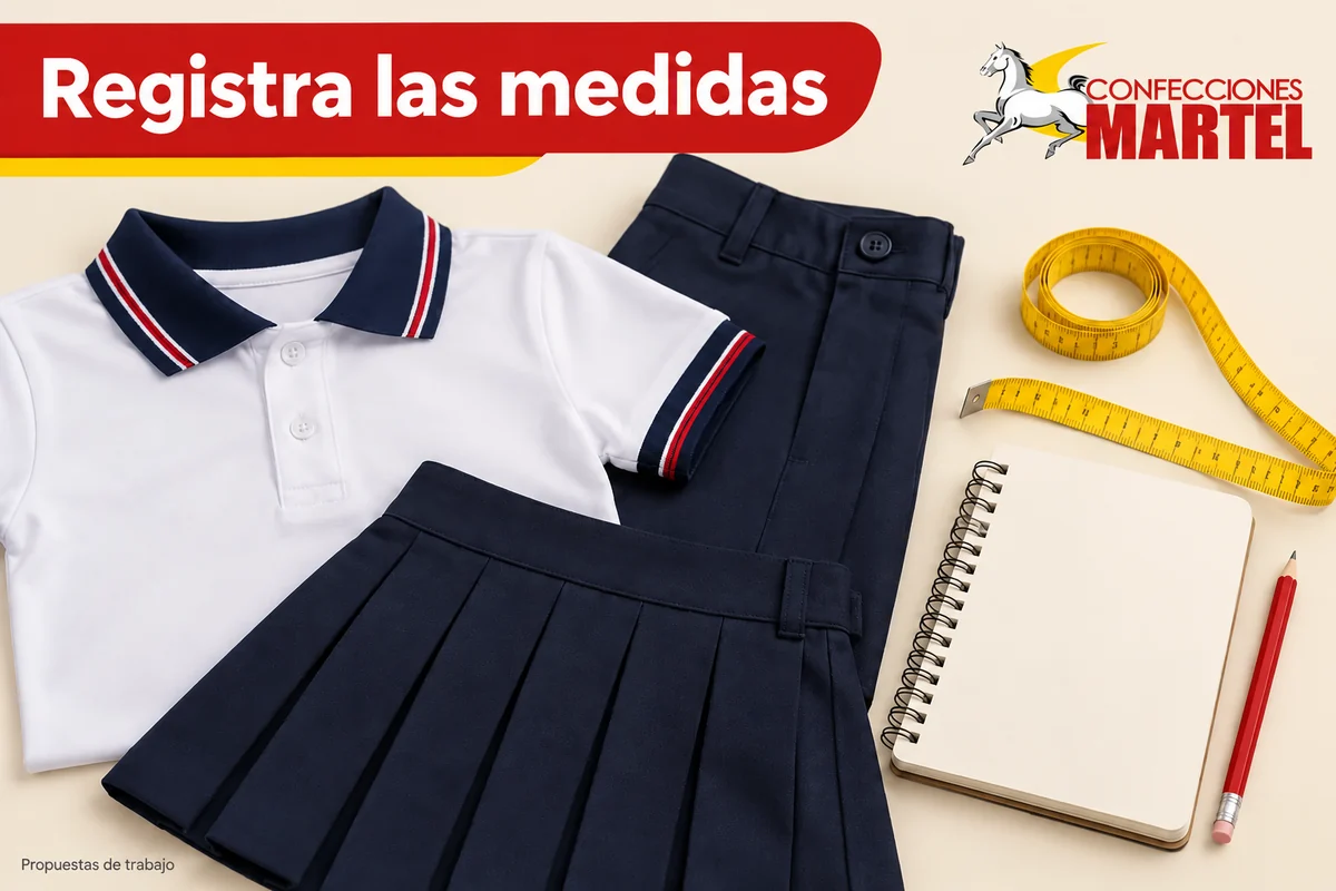 Prendas escolares junto a una cinta de medir y una libreta para registrar medidas