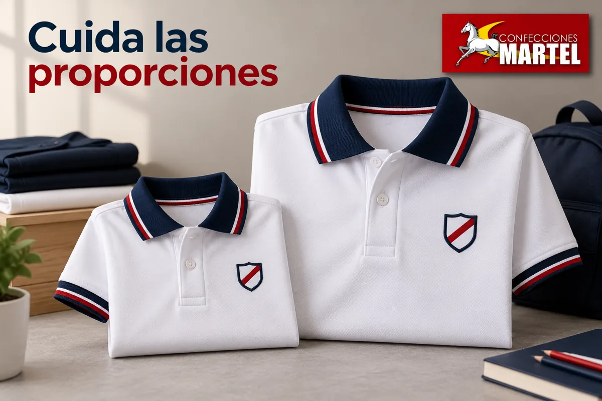 Polos pequeño y grande mostrando proporciones de cuello e insignia abstracta