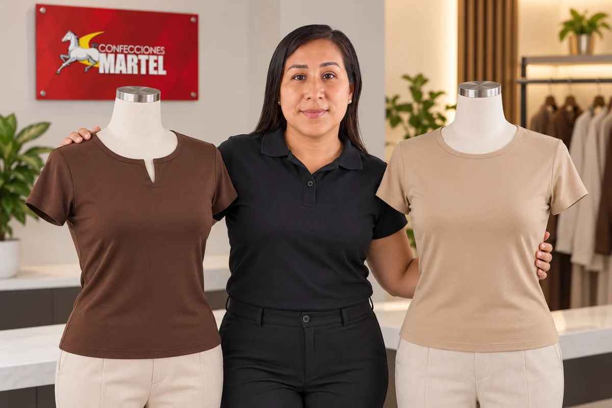 Blusas chocolate y beige de cuello redondo sobre maniquíes