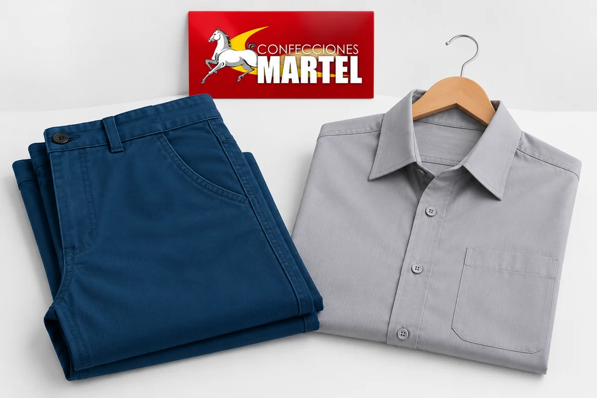 Pantalón azul petróleo doblado con bolsillo visible junto a camisa gris claro