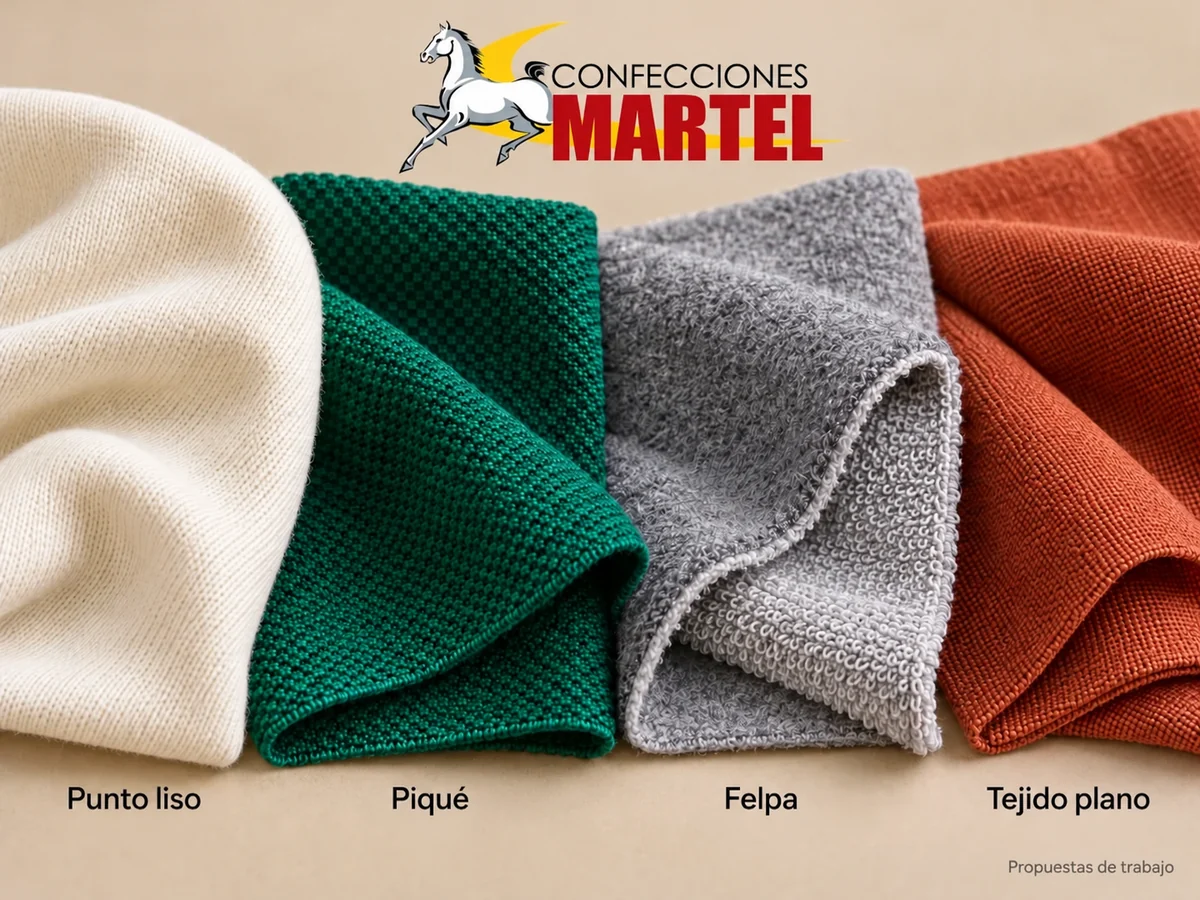 Muestras textiles referenciales de punto liso, piqué, felpa y tejido plano para comparar una propuesta Martel.