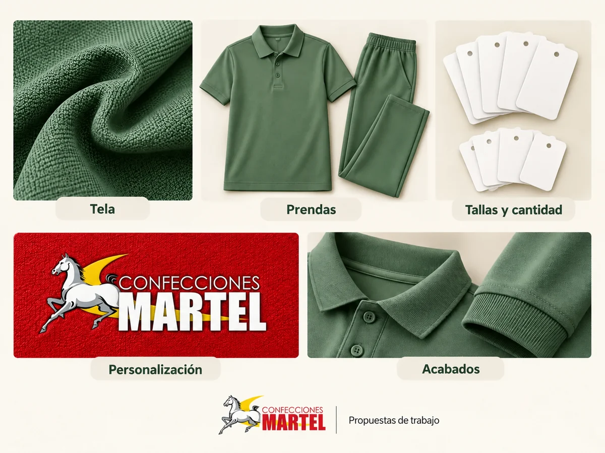 Composición referencial de tela, prendas, tallas y personalización para explicar qué define una cotización.