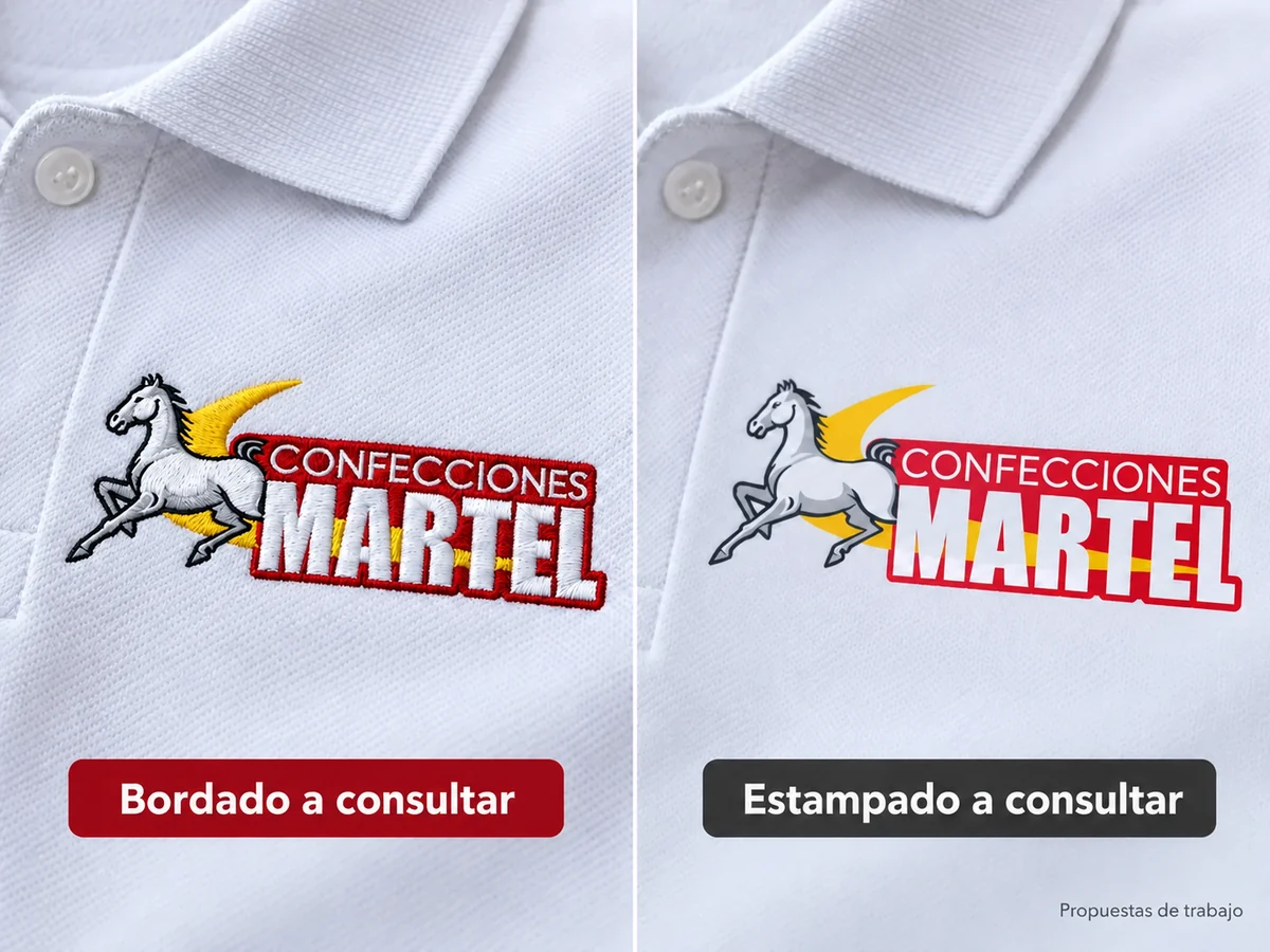 Dos aplicaciones conceptuales de identidad Martel para consultar bordado o estampado según la prenda.