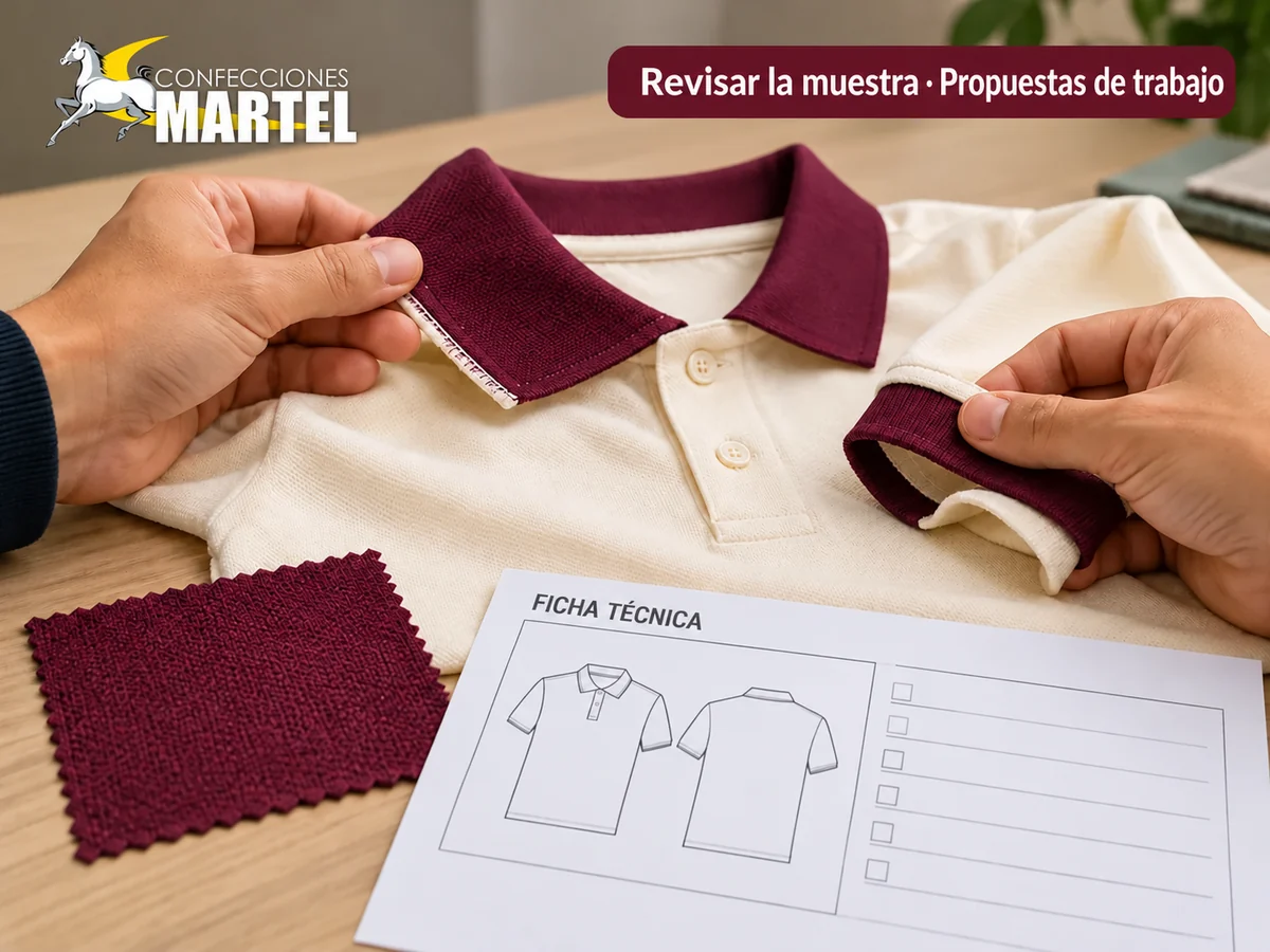 Escena conceptual de manos revisando una muestra de polo junto a una ficha sin datos personales.