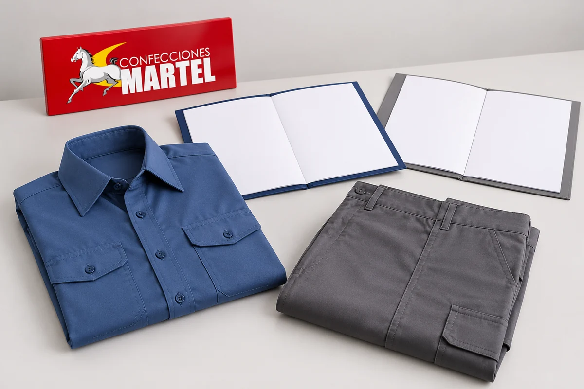 Camisa azul acero y pantalón gris doblados junto a dos carpetas sin datos