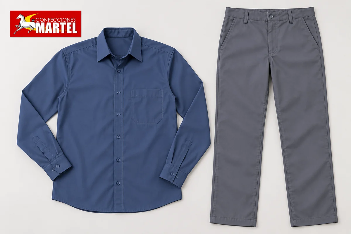 Camisa azul acero y pantalón gris extendidos sobre fondo neutro